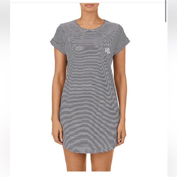 Lauren Ralph Lauren Striped Cuffed Short Sleeve Cotton Nightgown Mongram Logo - Picture 1 of 5